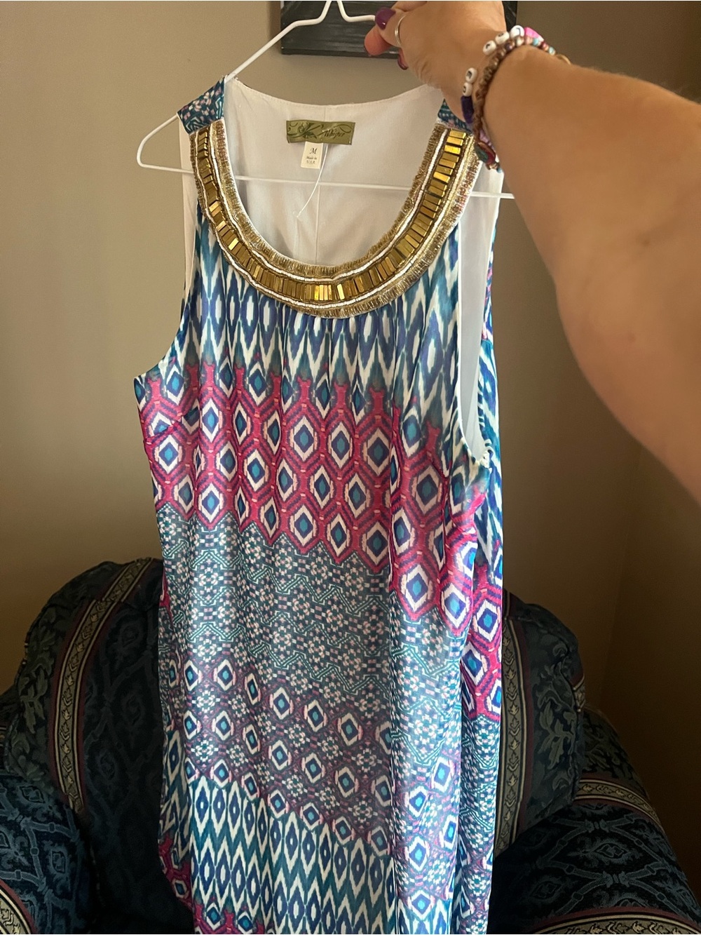 Beaded Neck Printed Sleeveless Dress - Blue Pink M
